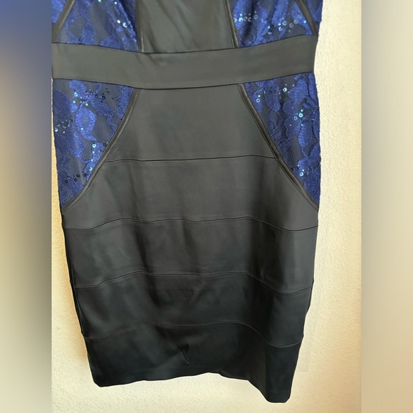 JAX Navy Black Sequin Lace Structured Cap Sleeve Knee Length Cocktail Dress 10 - Picture 5 of 12